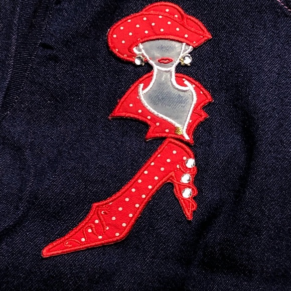 Vintage H & J Jean Dress 2XL Purple Tint Denim 2 Pockets Red Lady Hat Shoe Patch - Picture 3 of 12
